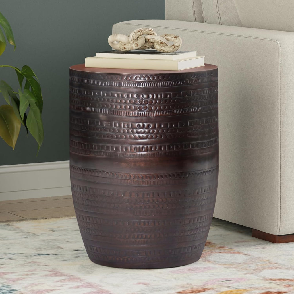 SIMPLIHOME Johnsen Metal Table - 15' Wide x 20' High Solid Iron Drum Accent Table in Oil Rubbed Bronze with Tribal Pattern, Round Boho End Table for Living Room or Home Office, Fully Assembled