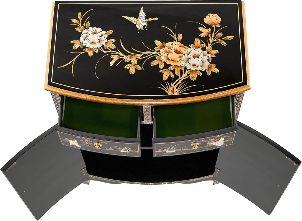 Red Lantern Artisan Crafted Lacquer Storage Cabinet - Black with Mother of Pearl Courtyard Scene