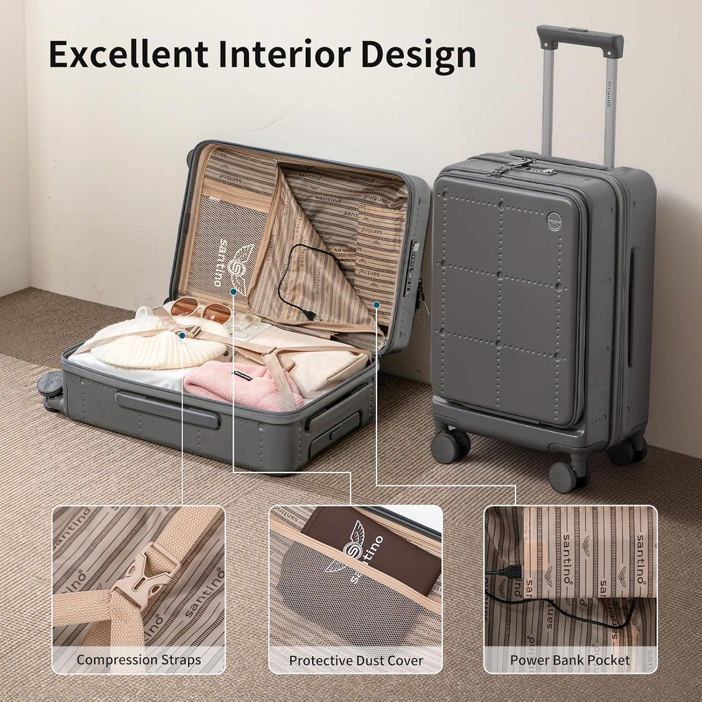 Santino Carry On Luggage 22x14x9 Airline Approved 20 Inch baggage pc Hard Shell Suitcase with Spinner Wheels TSA Lock with USB Port and Cup Holder and phone holder Top Opening Suitcase