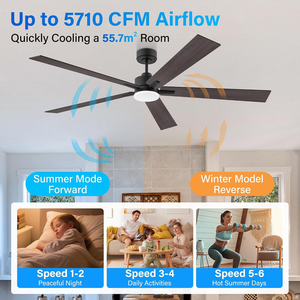 72' Large Smart Ceiling Fan with Lights Remote,Silent DC Motor,Control via WIFI Alexa Google App,Outdoor Indoor Modern Ceiling Fans for Living Room Kitchen Patio,5 Blades in Black & Walnut Brown