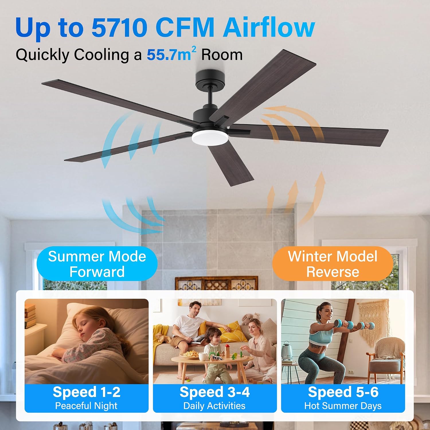72' Large Smart Ceiling Fan with Lights Remote,Silent DC Motor,Control via WIFI Alexa Google App,Outdoor Indoor Modern Ceiling Fans for Living Room Kitchen Patio,5 Blades in Black & Walnut Brown