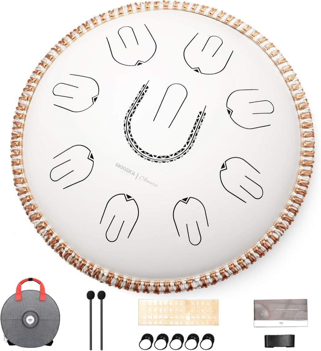 MOOZICA Steel Tongue Drum, 14' Portable Amara Scale Handpan With Octave Overtone Design, For Beginner and Professional (Amara, White)