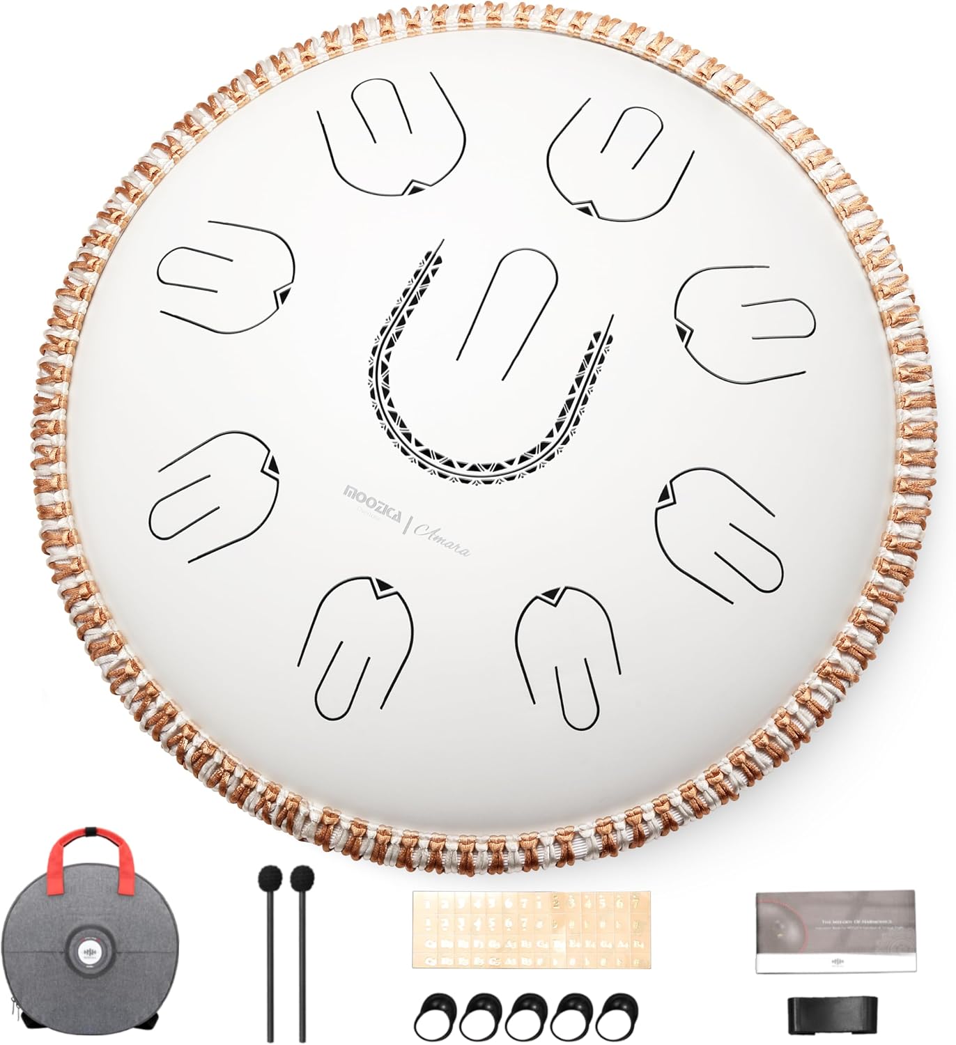 MOOZICA Steel Tongue Drum, 14' Portable Amara Scale Handpan With Octave Overtone Design, For Beginner and Professional (Amara, White)
