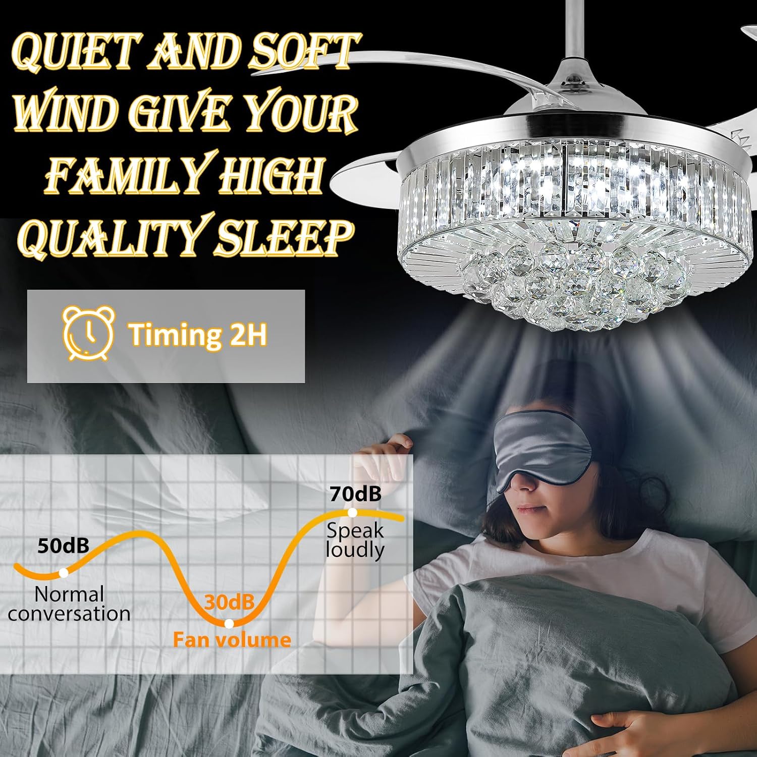 36' Invisible Ceiling Fan Chandelier Light,Modern Crystal Ceiling Fan Light Remote Control 4 Retractable ABS Blades for Bedroom Living Room Dining Room Decoration (Silver)