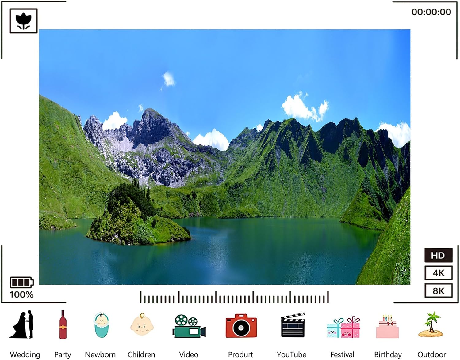 Trykid 20x10ft Alpine Lake Vista Backdrop Lush Green Mountain Slopes Turquoise Water Clear Blue Sky Wispy Clouds Photography Background Nature Party Decoration Photo Booth Prop Fabric