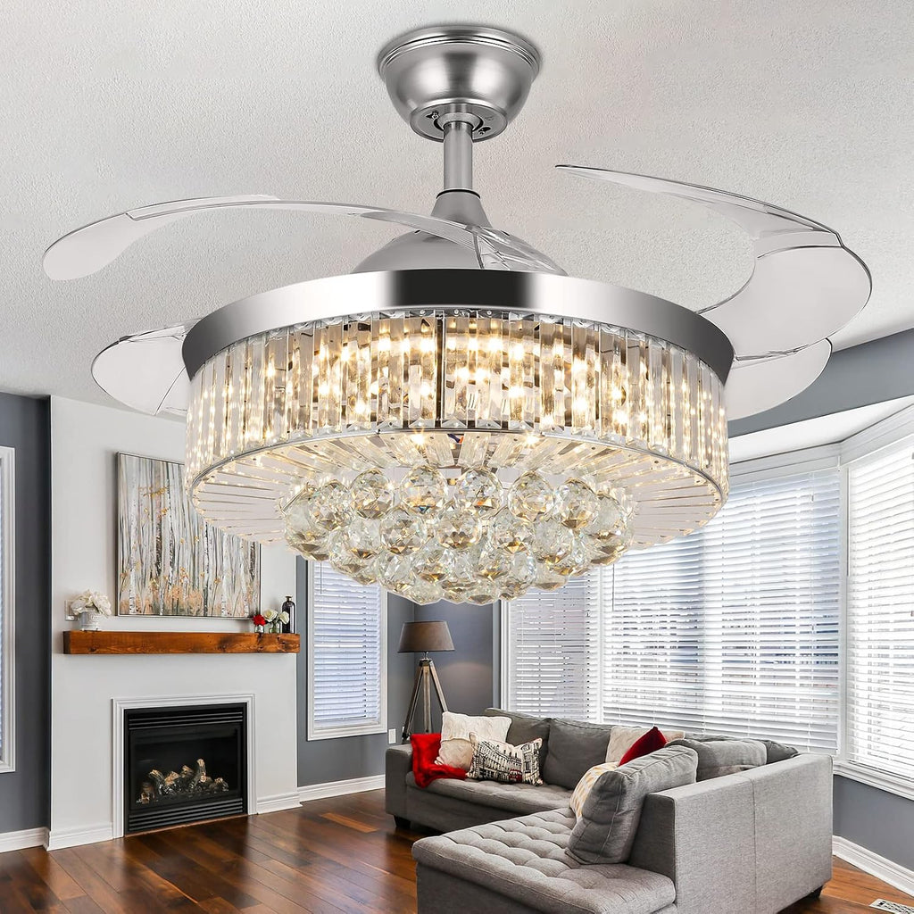 WWahuayuan 36' Chandelier Ceiling Fan Light, Modern Retractable Invisible Ceiling Fan Light Remote Control 4 Retractable ABS Blades for Bedroom Living Room Dining Room Decoration