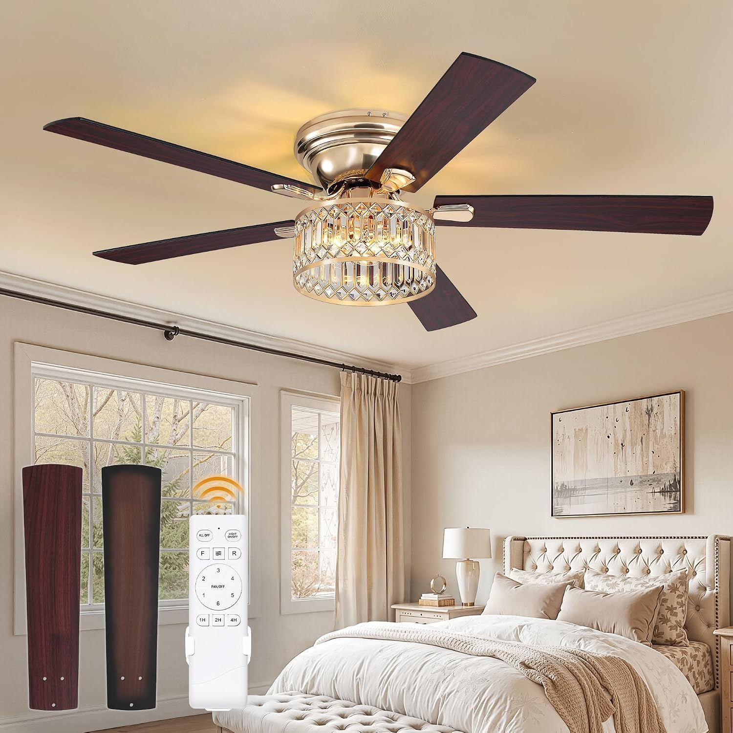 56 Inch Modern Farmhouse Fandelier Ceiling Fans with Lights, Gold Crystal Ceiling Fan with 6-Speeds, Quiet Reversible DC Motor, low profile ceiling fan with light for Bedroom, Living Room