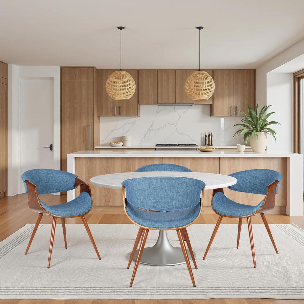 Armen Living Butterfly Mid-Century Dining Chair in Walnut Finish and Blue Fabric - Set of 4