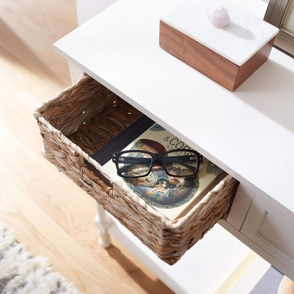 SAFAVIEH Home Collection – Christa Distressed White Console Table with Rattan Drawers & Shelf, Coastal Cottage Storage Console, Vintage Design (AMH5737B)