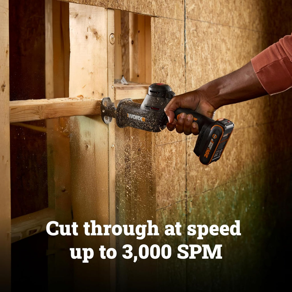 WORX Cordless Reciprocating Saw, 20V 1' Brushless Reciprocating Saw, 1' Stroke Length, Fast cuts up to 3,000 SPM, 12.5' Compact Design, 75% Lower Vibration, Battery and Charger Included, PowerShare