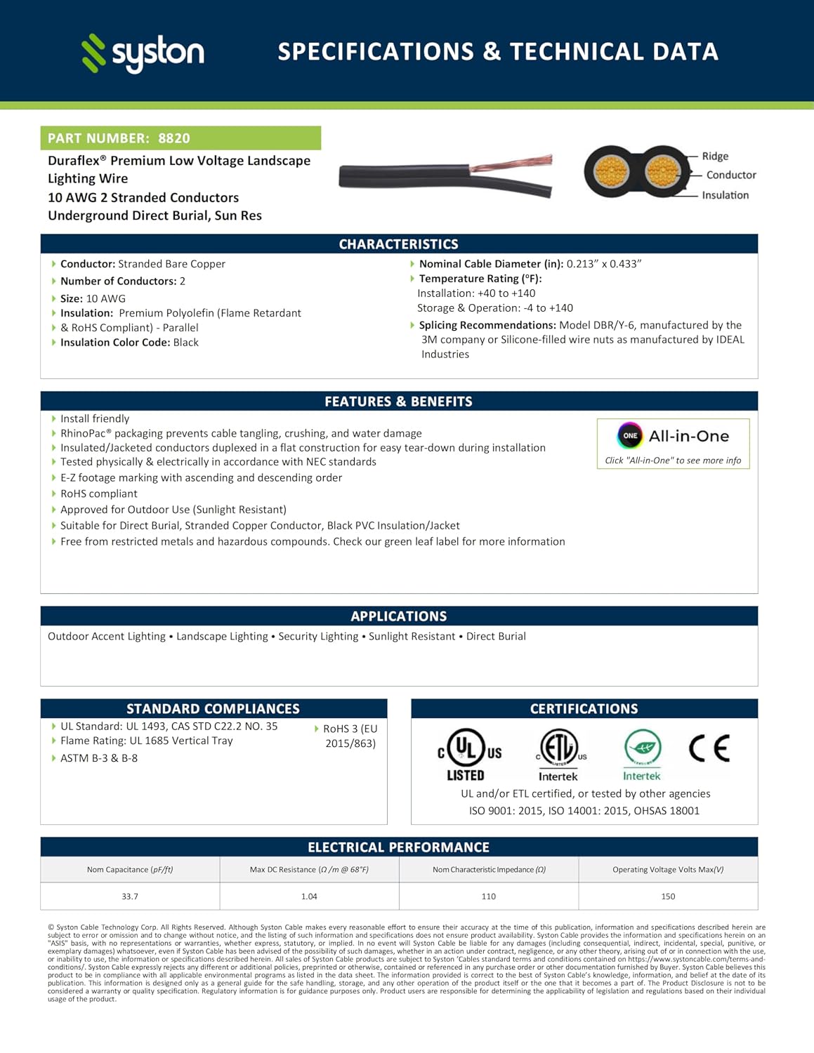 SYSTON 10/2 Low Voltage Landscape Lighting Direct Burial Stranded Wire Cable, 10 Gauge 2 Copper Conductors for Outdoor Spotlight Pathway Lighting and More Low Voltage Applications Use - 500 FT