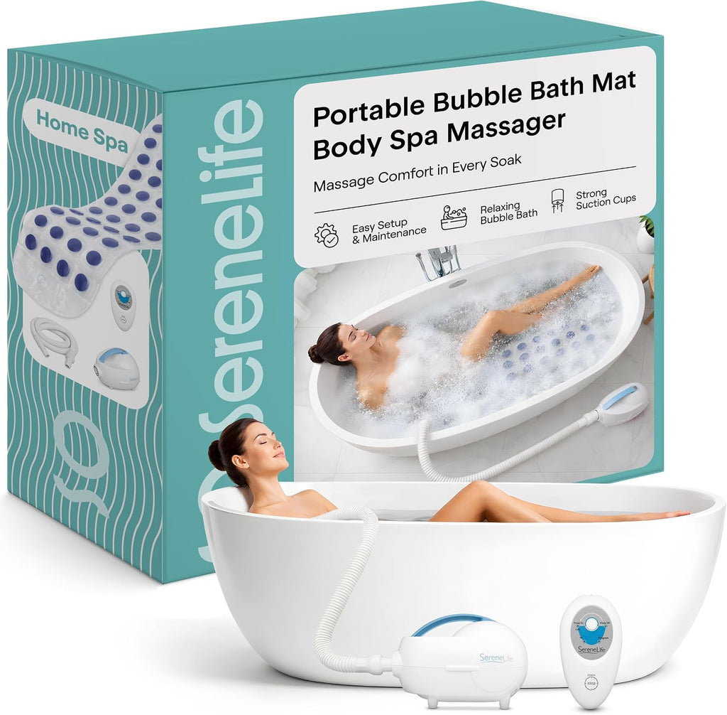 SereneLife Spa Bath Mat Full Body Massager - Portable Bubble Bath Massager with Air Jets, Remote Control, Non-Slip Adjustable Bubble Mat, Aroma Clip for Essential Oils, 47' x 14.2'