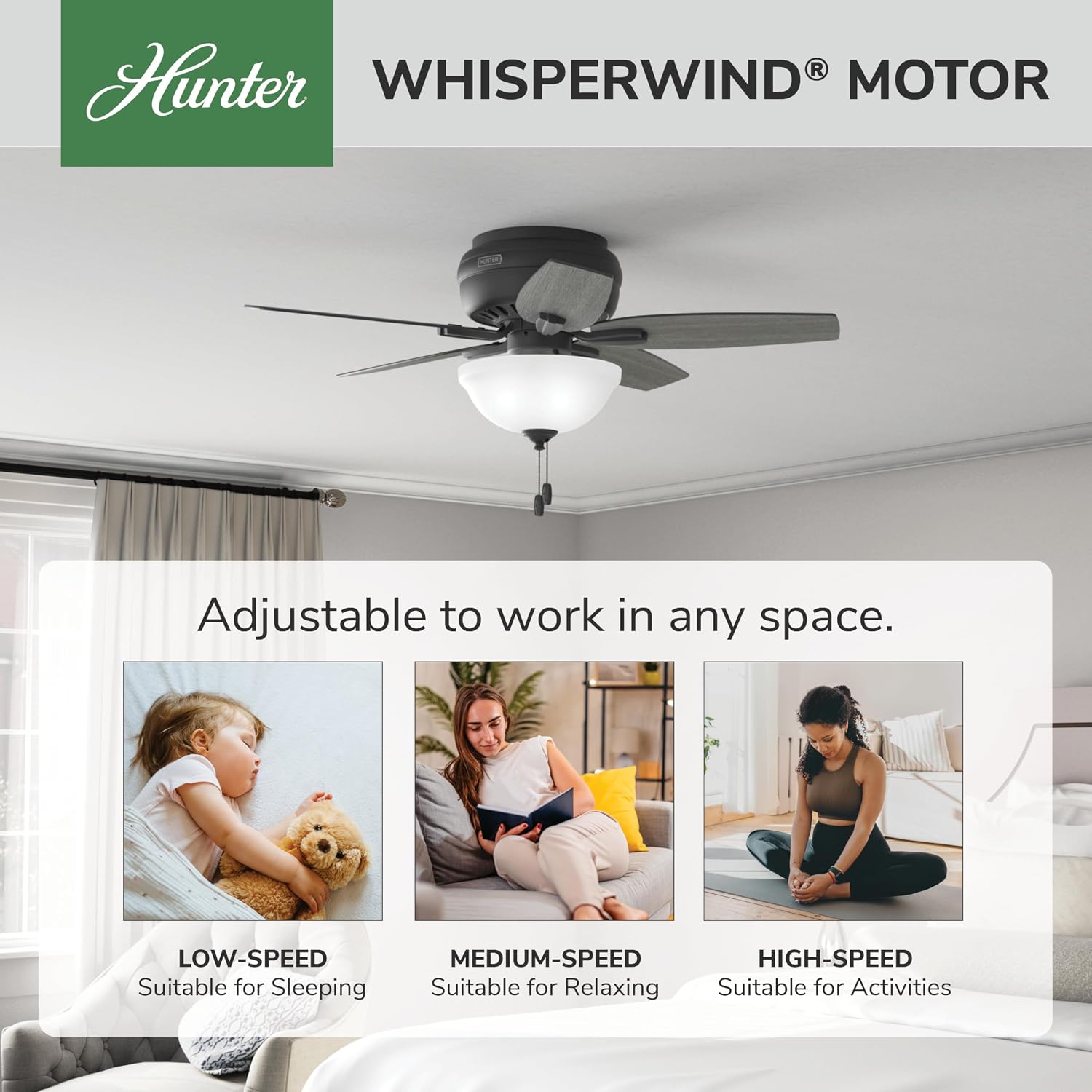Hunter 42 inch Indoor Ceiling Fan with LED Light - Black Ceiling Fan with Pull Chain, For Bedroom or Living Room, Low Profile Flush Mount, No Remote, 5 Blades - Newsome 52394, Matte Black