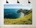 Trykid 20x10ft Jurassic Coast Cliff Backdrop Turquoise Ocean Beach Green Grassy Hills Clear Sky Photography Background UK Travel Party Decoration Photo Booth Prop Fabric