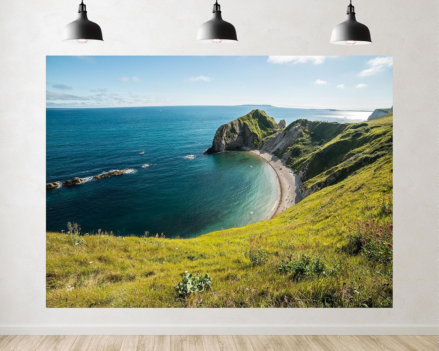 Trykid 20x10ft Jurassic Coast Cliff Backdrop Turquoise Ocean Beach Green Grassy Hills Clear Sky Photography Background UK Travel Party Decoration Photo Booth Prop Fabric