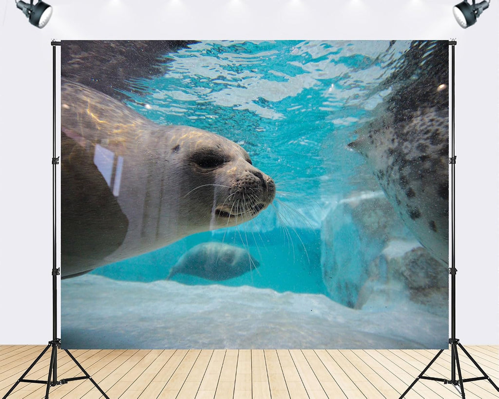 Trykid 20x10ft Underwater Sea Lion Backdrop Clear Blue Water Rocks Marine Mammal Scene Photography Background Aquarium Birthday Party Decoration Photo Booth Prop Fabric