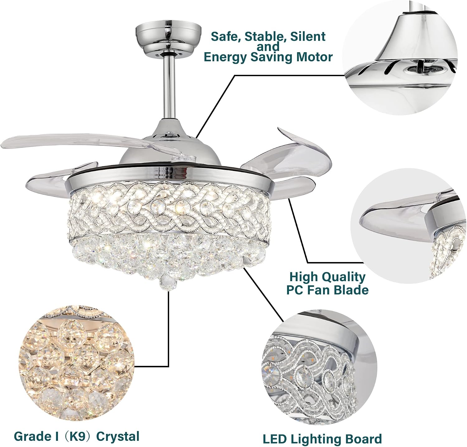 DuMaiWay 36' Dimmable Ceiling Fan Chandelier with Lights and Remote, Fandelier, Crystal Ceiling Fan Retractable Invisible Blade LED Lighting for Bedroom Living Room 6 Speed Chrome