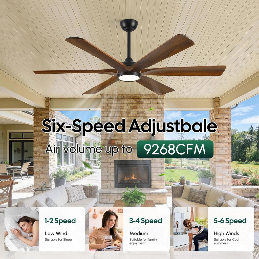 72 Inch Smart Outdoor Ceiling Fan with Light, Alexa/Wifi/Remote Control, 6 Solid Wood Blades Damp Rated, 9268 High CFM Quiet DC Motor, Rustic Farmhouse Style for Indoor Large Room Exterior Patio