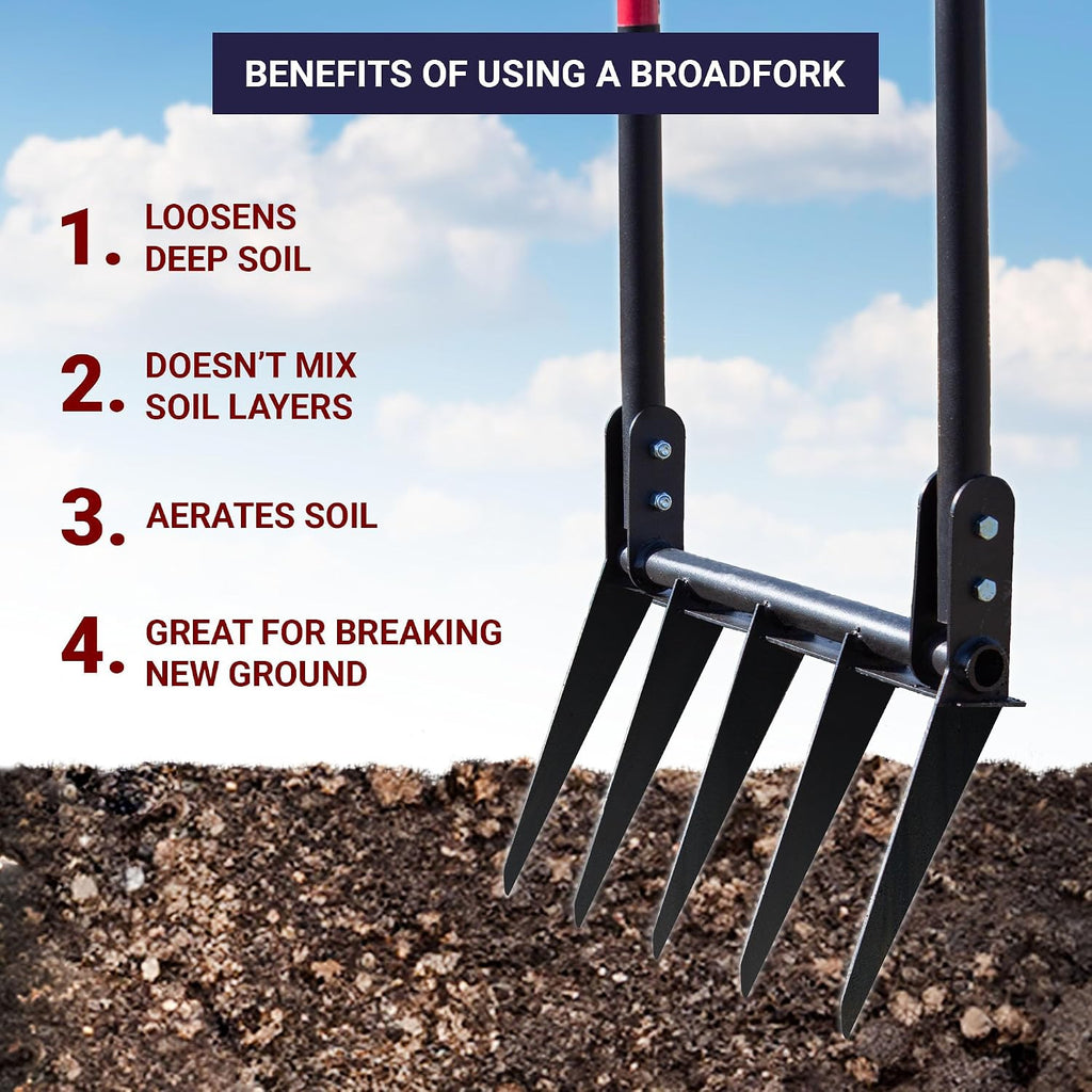 Bully Tools 5-Tine Broadfork with Fiberglass Handles, Heavy Duty Broad Fork for Tilling Aerating and Turning Soil, 56' 10-Gauge Steel Fork, Ideal for Garden Beds and Pavers Base Prep, 100% Made in USA