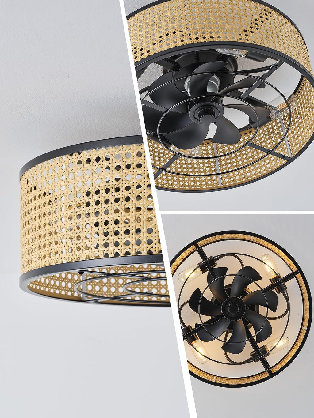 Boho Caged Ceiling Fan with Light, 20' Rattan Flush Mount Ceiling Fans with Lights Remote Contro, Bladeless Enclosed Fandelier Fan Safe for Bedroom, Living room, Nursery