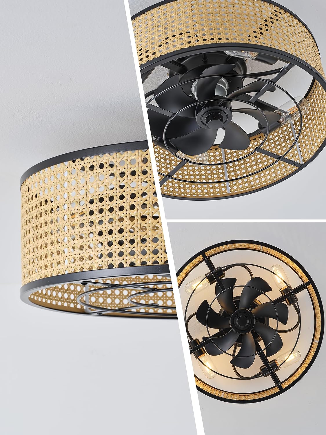 Boho Caged Ceiling Fan with Light, 20' Rattan Flush Mount Ceiling Fans with Lights Remote Contro, Bladeless Enclosed Fandelier Fan Safe for Bedroom, Living room, Nursery