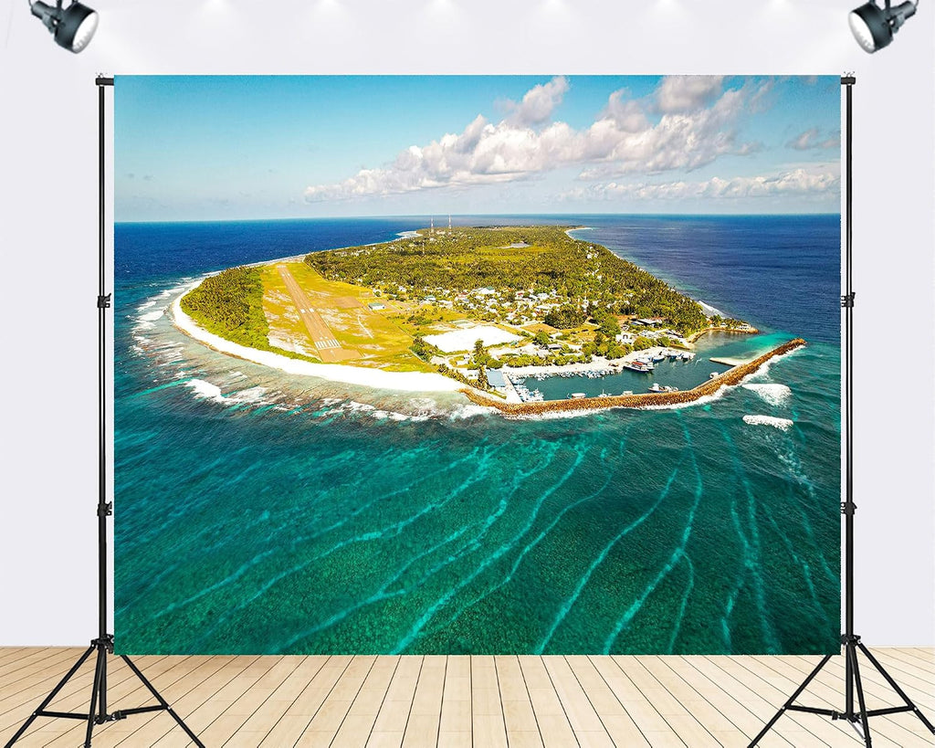 Trykid 20x10ft Tropical Island Airport Runway Clear Waters Marina Backdrop Breathtaking Coastal Aviation Photography Background Travel Shoot Tapestry Party Decoration Photo Studio Prop Fabric