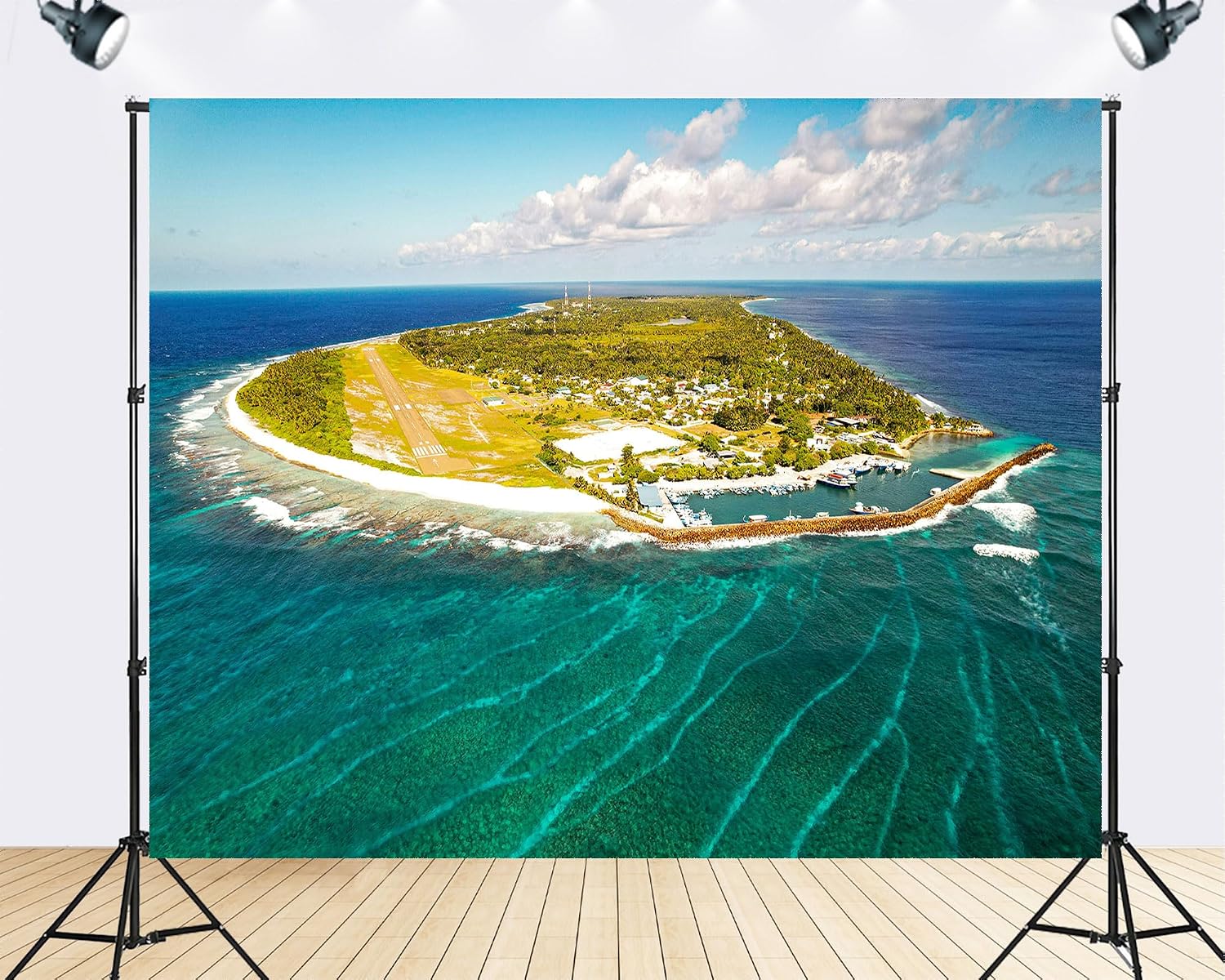 Trykid 20x10ft Tropical Island Airport Runway Clear Waters Marina Backdrop Breathtaking Coastal Aviation Photography Background Travel Shoot Tapestry Party Decoration Photo Studio Prop Fabric
