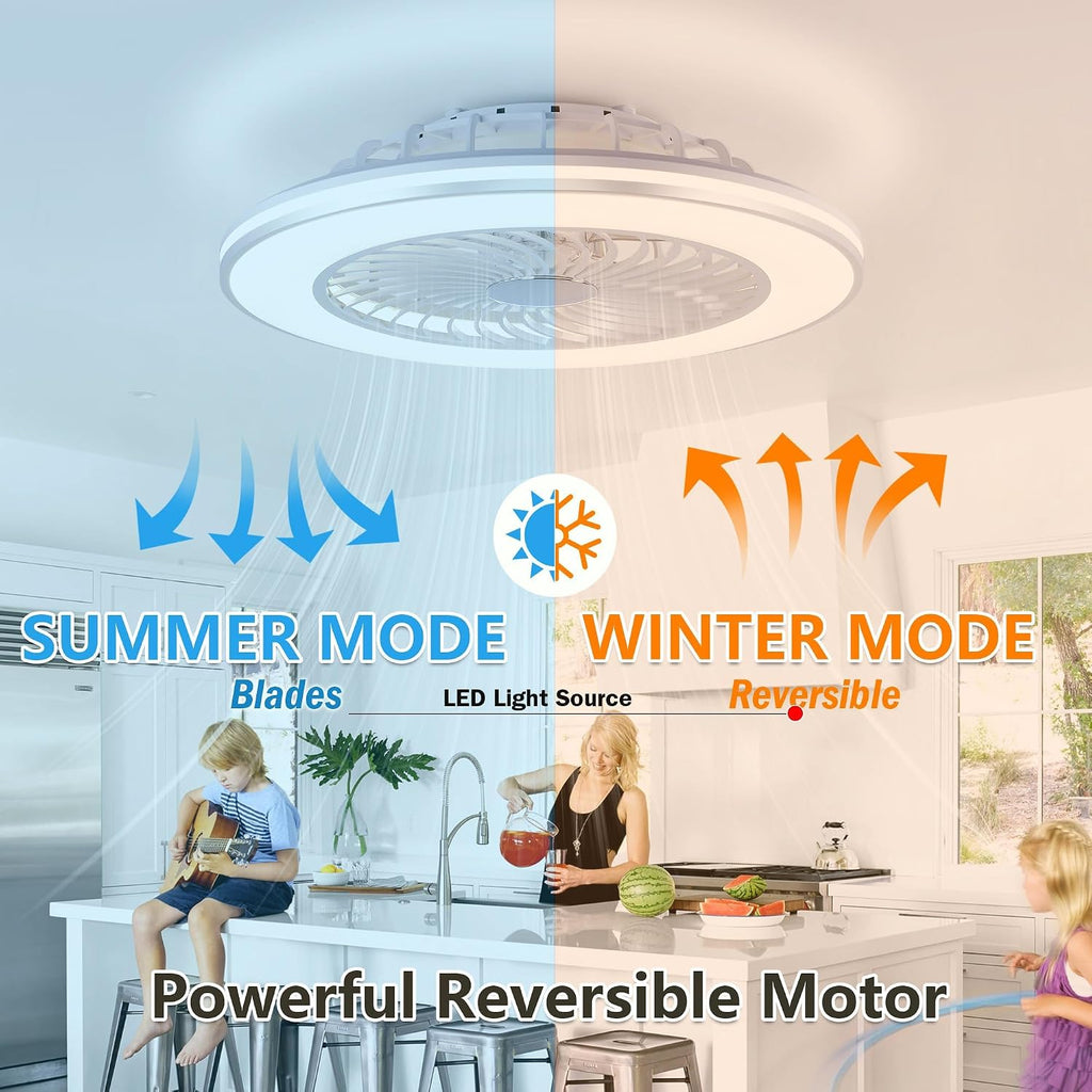 24' Bladeless Ceiling Fans with Lights and Remote, Low Profile Enclosed Ceiling Fan with 6 Wind Speed, 3 CCT(3000K-6000K) Dimmable LED Flush Mount Fandelier for Bedroom Kitchen Living Room