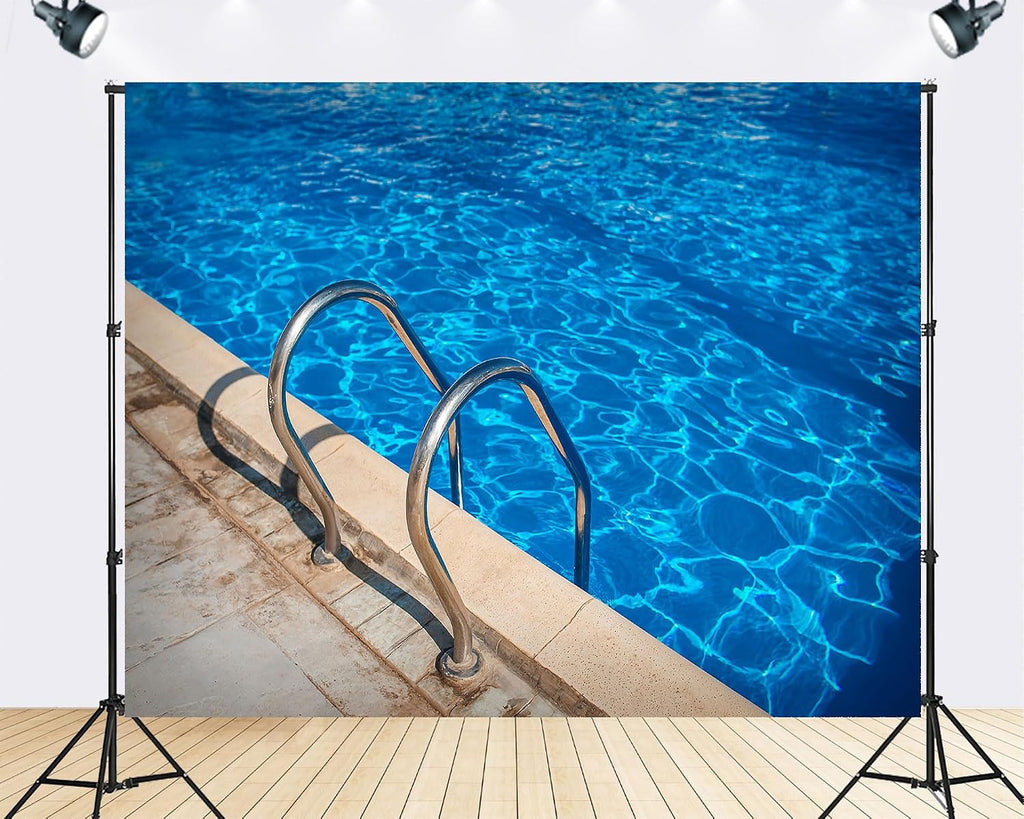 Trykid 20x10ft Swimming Pool Ladder Backdrop Clear Blue Water Stainless Steel Rails Beige Tiles Photography Background Summer Pool Party Birthday Decoration Photo Booth Prop Fabric
