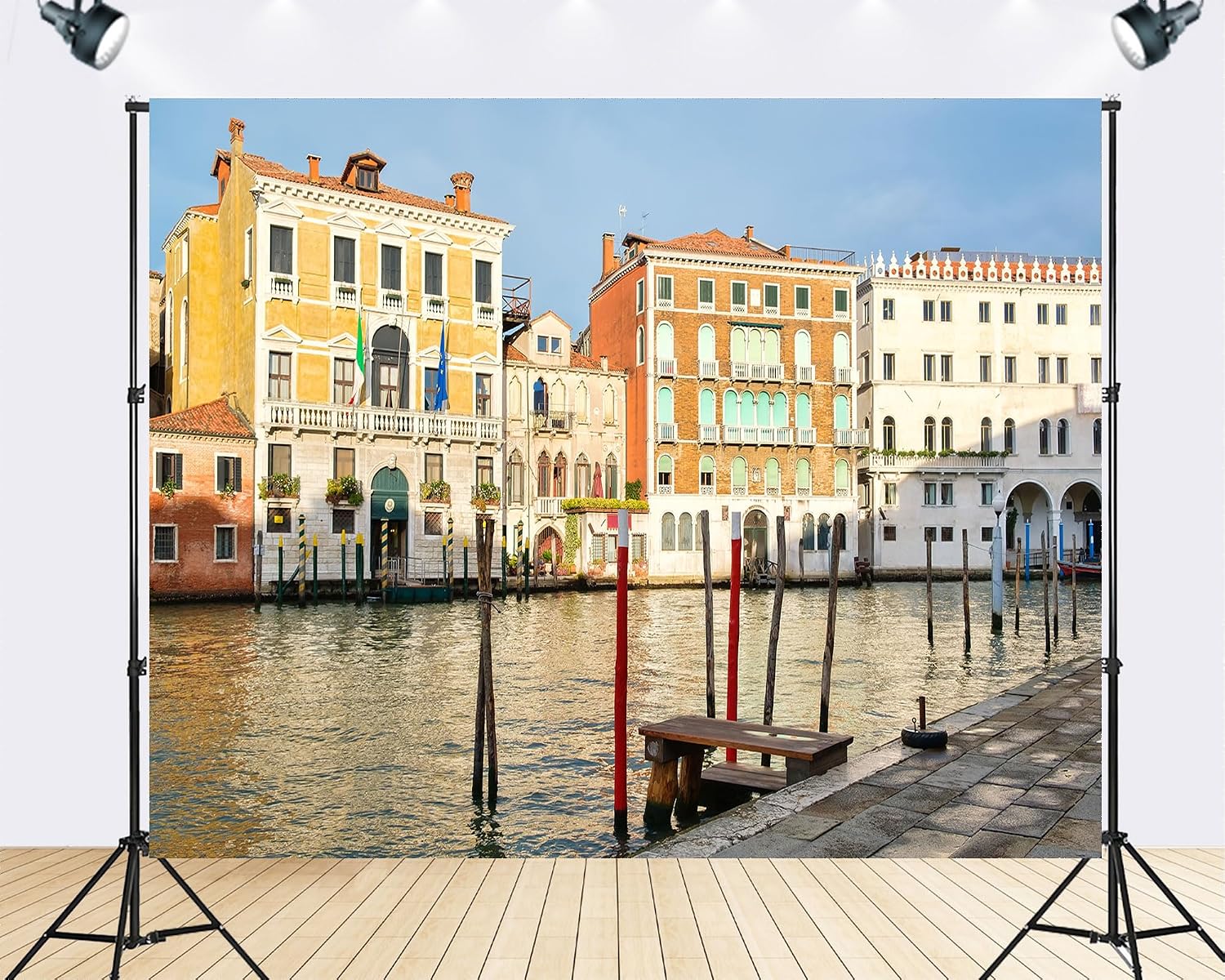 Trykid 20x10ft Venice Grand Canal Backdrop Colorful Palaces Mooring Poles Waterfront Promenade Historic Architecture Photography Background Wedding Party Decoration Photo Booth Prop Fabric