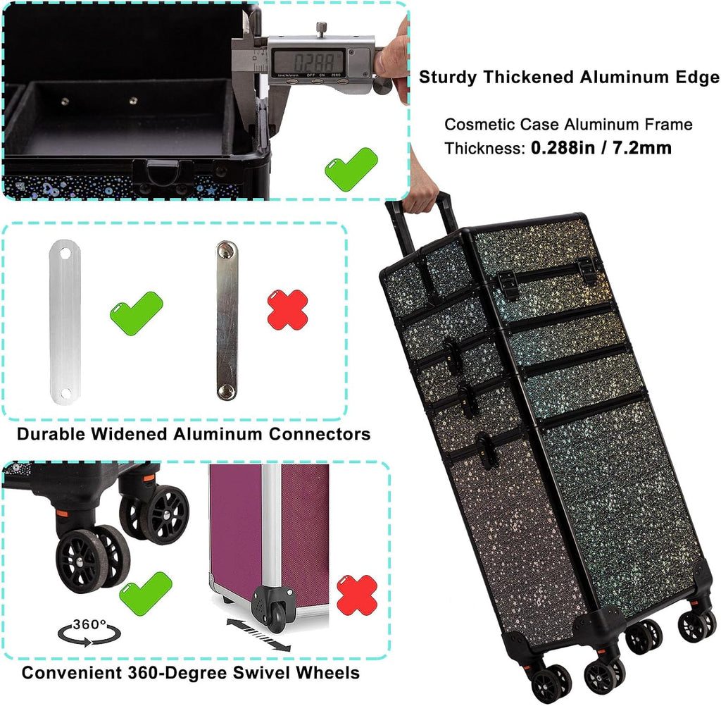 AROUS Rolling Makeup Train Case 5 in 1 Cosmetology Case on Wheels Large Cosmetic Organizer Travel Cart for Hairstylist Artist Nail Beauty Salon Barber,Black