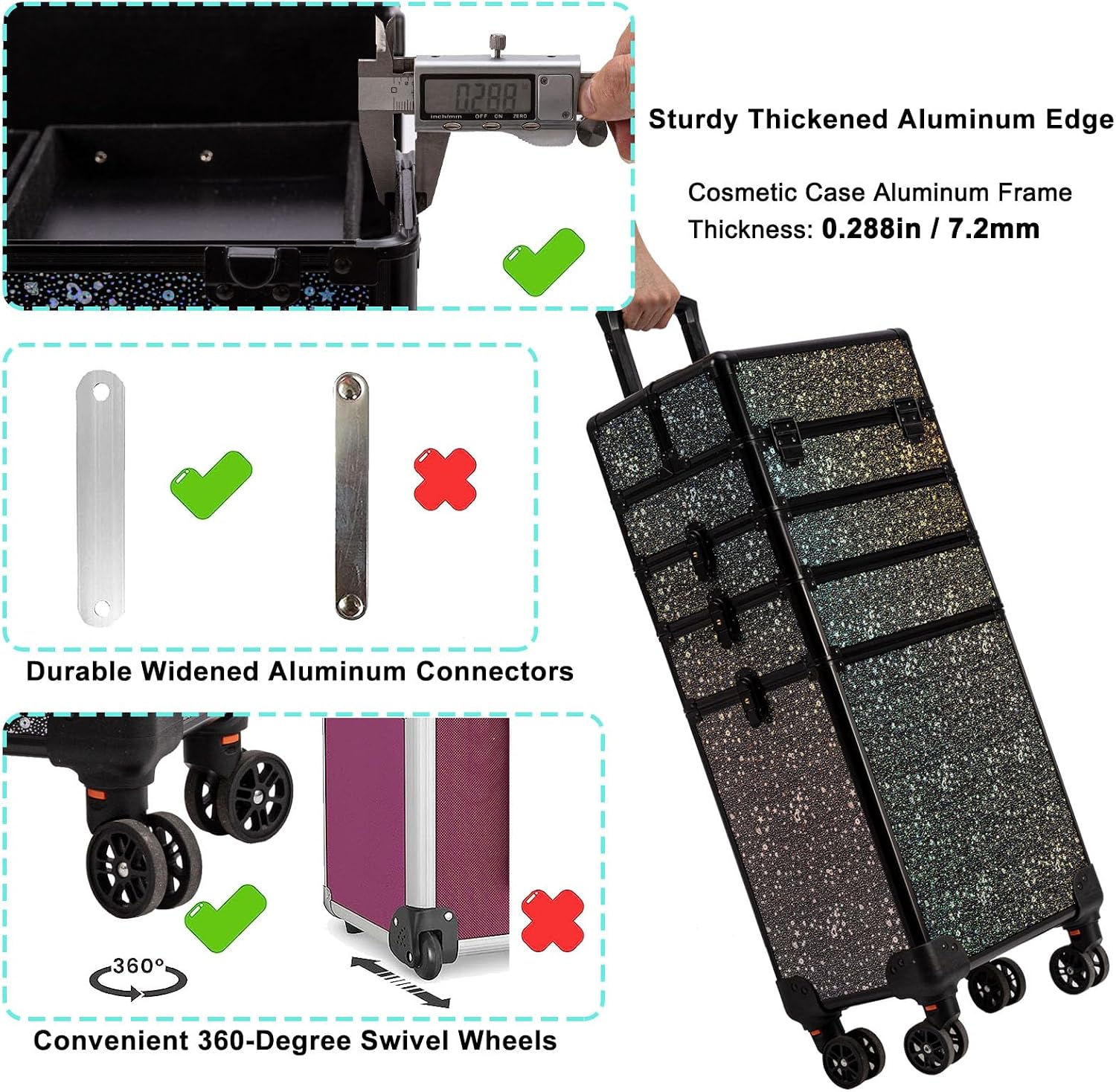AROUS Rolling Makeup Train Case 5 in 1 Cosmetology Case on Wheels Large Cosmetic Organizer Travel Cart for Hairstylist Artist Nail Beauty Salon Barber,Black