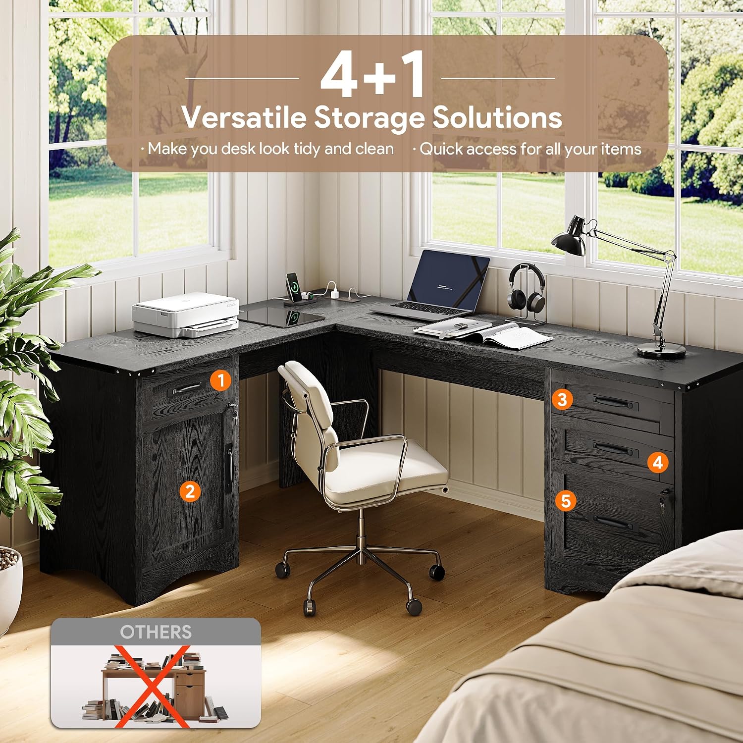 Decofy L Shaped Farmhouse Executive Desk with Drawers, 67' Home Office Desks with Fast Charging Station, Lockable File Cabinet, Wood Writing Computer Desk for Work, Study, Black
