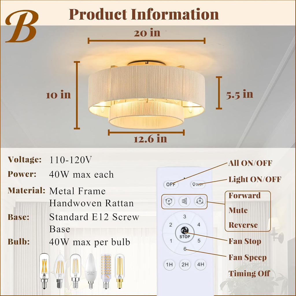 20' Boho Fandelier Ceiling Fan with Light and Remote, Gold Ceiling Fan with White Hand Woven Rattan, Flush Mount Low Profile Fan for Bedroom Living Room Kitchen, Reversible & Quiet