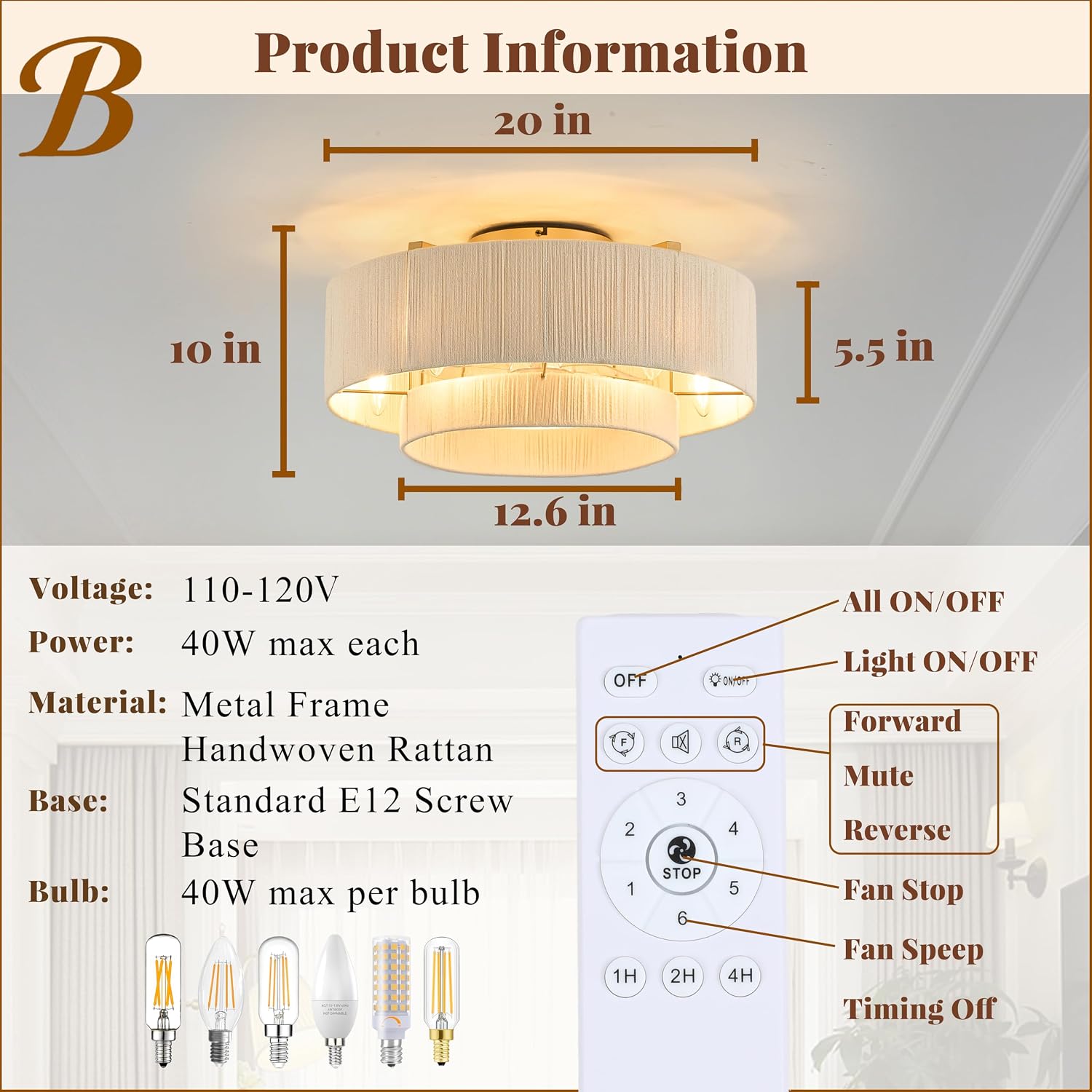 20' Boho Fandelier Ceiling Fan with Light and Remote, Gold Ceiling Fan with White Hand Woven Rattan, Flush Mount Low Profile Fan for Bedroom Living Room Kitchen, Reversible & Quiet