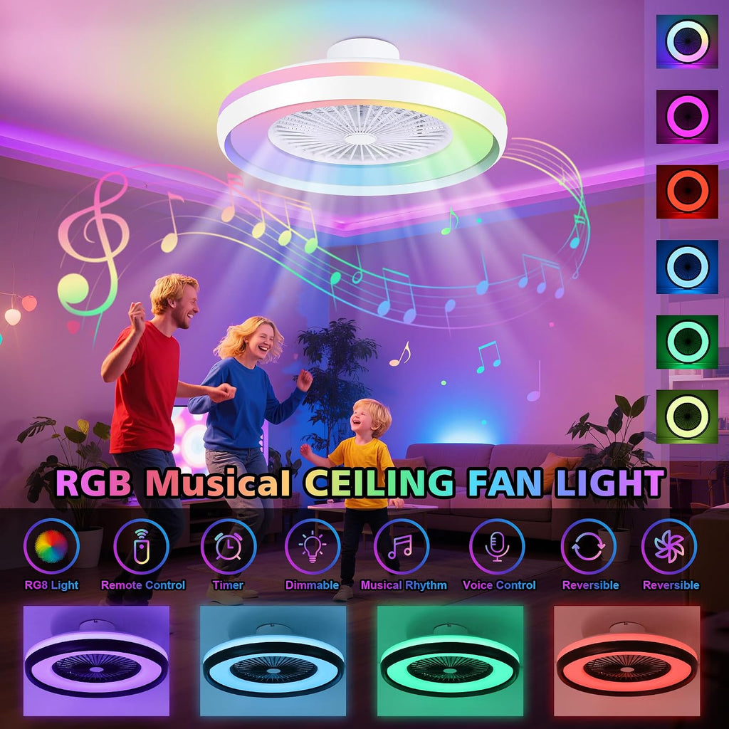 24' Bladeless Ceiling Fans with RGB Light, Low Profile Ceiling Fan with Light, Smart Modern Ceiling Fan with App/Remote/Voice Control, 3 Dimmable LED Light for Bedroom, Living Room White
