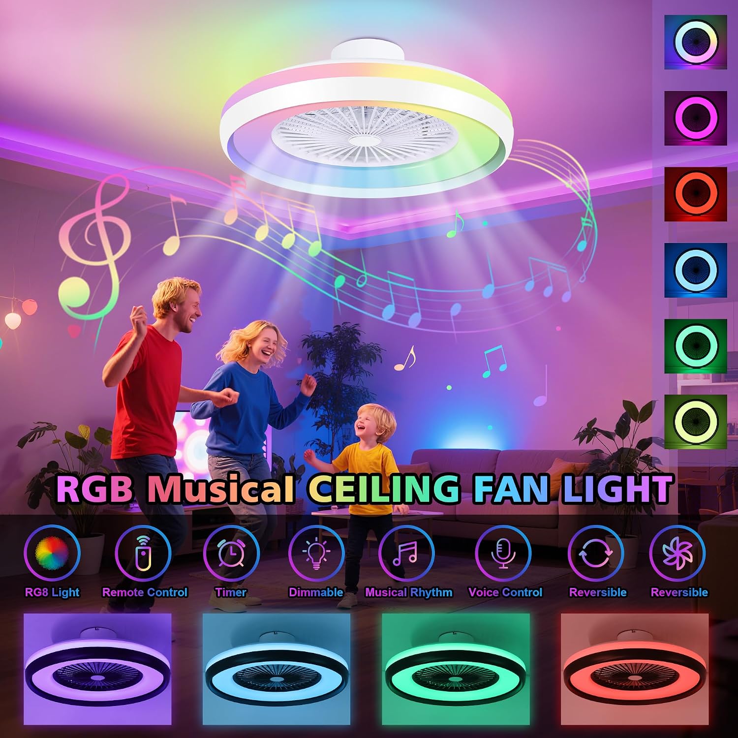 24' Bladeless Ceiling Fans with RGB Light, Low Profile Ceiling Fan with Light, Smart Modern Ceiling Fan with App/Remote/Voice Control, 3 Dimmable LED Light for Bedroom, Living Room White