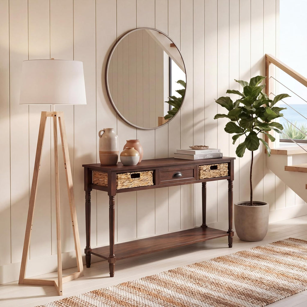 SAFAVIEH Home Collection – Christa Dark Chocolate Console Table, 3-Drawer Storage with Natural Basket Drawers, Coastal Entryway Design (AMH5737F)