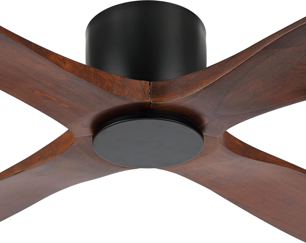 WINGBO 48 Inch Flush Mount DC Ceiling Fan without Lights, 4 Reversible Carved Wood Blades, 6-Speed Noiseless DC Motor, Hugger Ceiling Fan No Lights in Matte Black Finish with Walnut Blades, ETL Listed