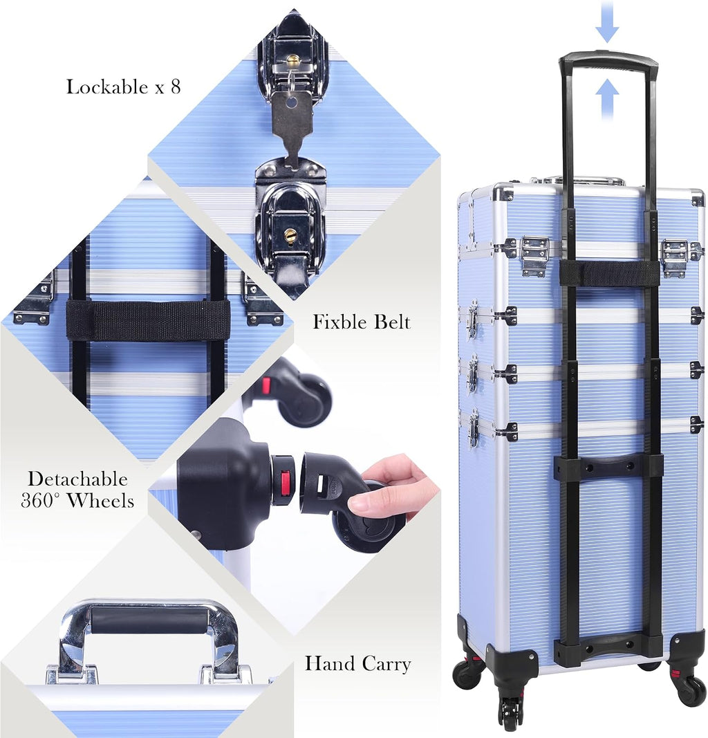 5-in-1 Rolling Makeup Train Case, Large Professional Cosmetic Trolley Organizer on Wheels with 360° Swivel Wheels, Lockable Black Aluminum Travel Case for Makeup Artists, Nail Techs & Hairstylists