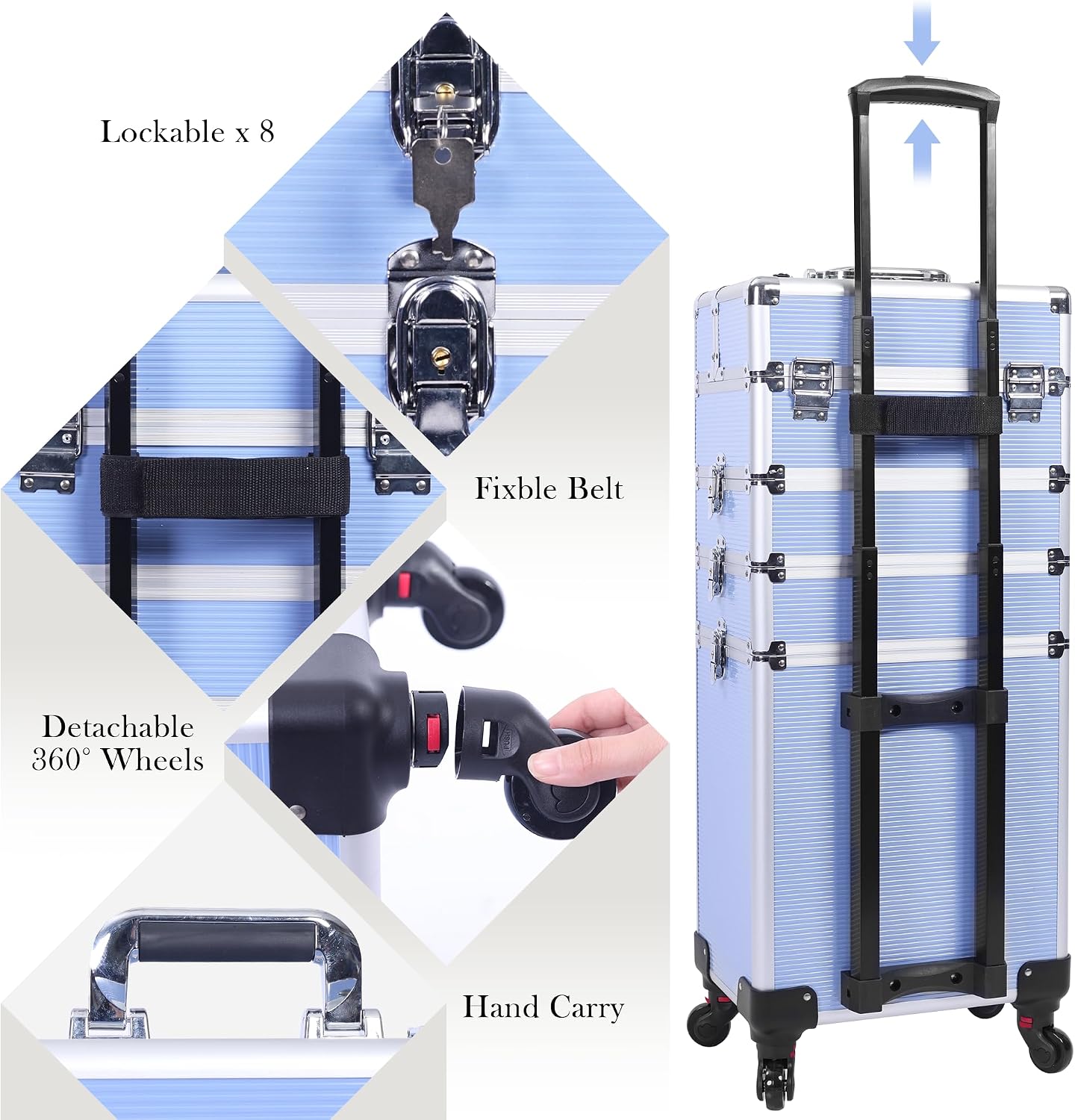 5-in-1 Rolling Makeup Train Case, Large Professional Cosmetic Trolley Organizer on Wheels with 360° Swivel Wheels, Lockable Black Aluminum Travel Case for Makeup Artists, Nail Techs & Hairstylists