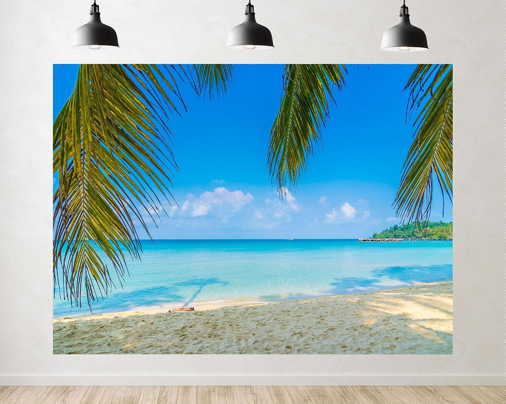 Trykid 20x10ft Palm Frond Beach Backdrop White Sand Clear Water Distant Pier Photography Background Relaxation Shoots Tapestry Party Decoration Photo Studio Prop Fabric