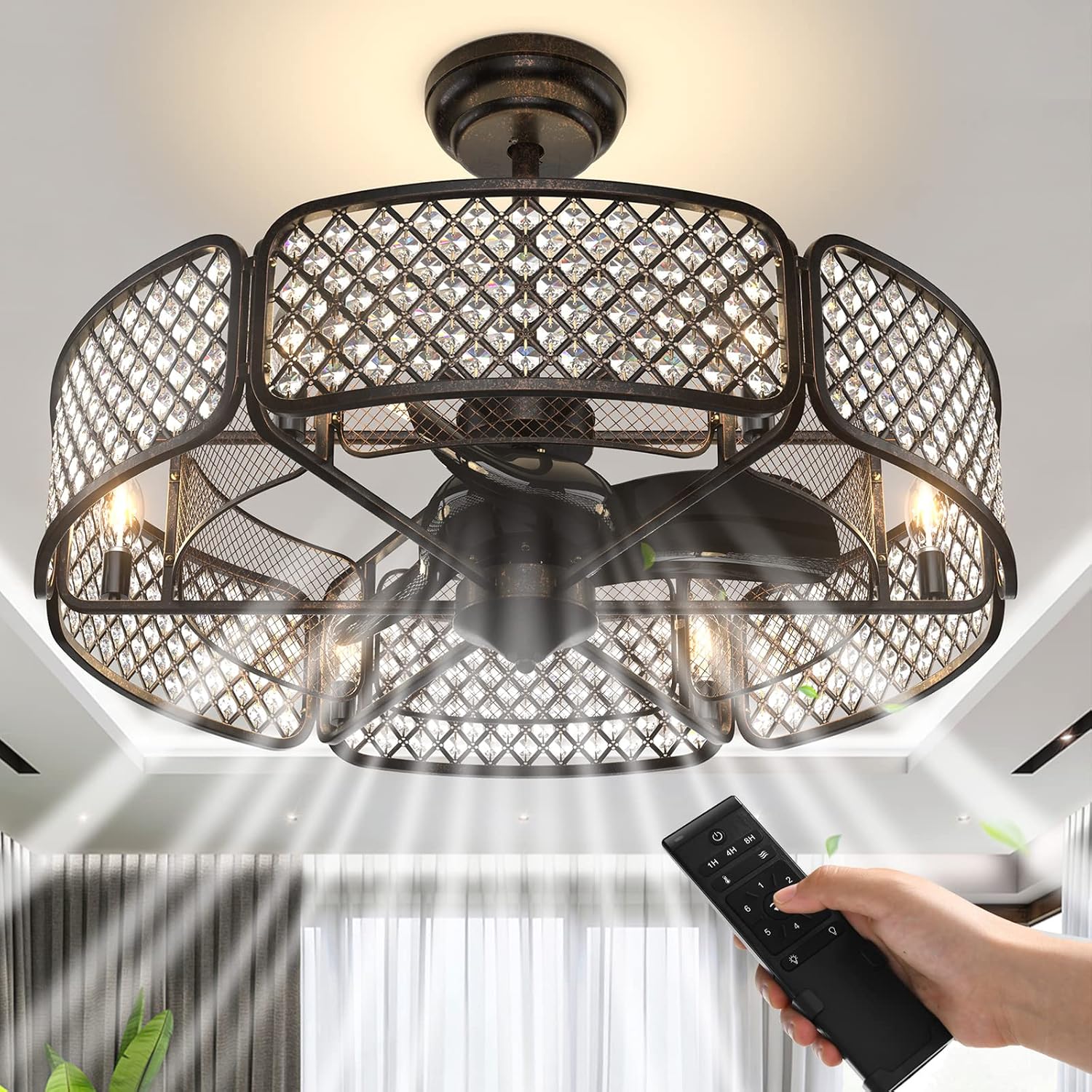 Tangkula Caged Ceiling Fan with Light, 30 Inch Crystal Ceiling Fan with 6 Light Bases, 3 Fan Blades & Remote Control, 6 Speeds, Reversible DC Motor, Timing Function, 6 x E12 Base (Coffee)