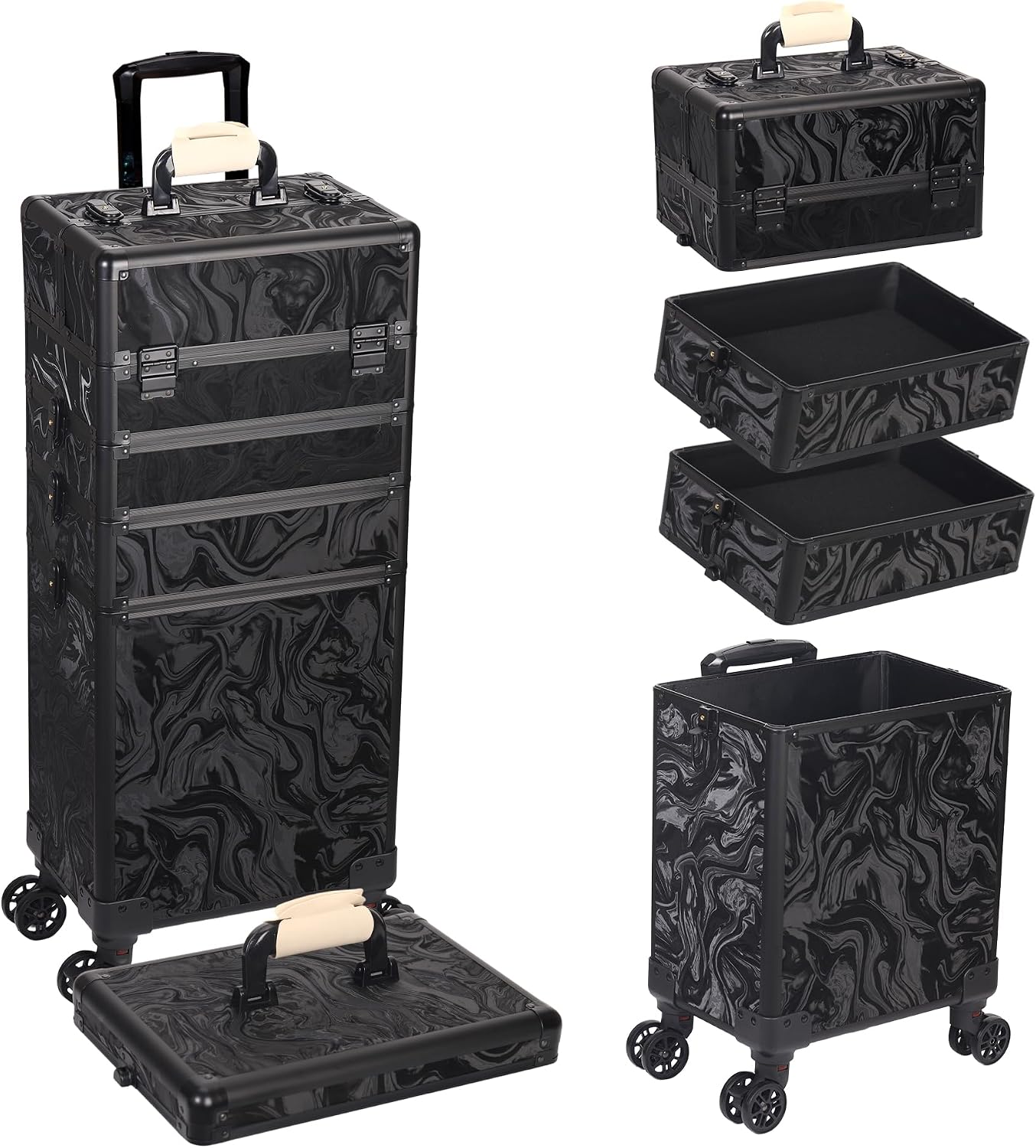 5 in 1 Rolling Makeup Train Case Professional Cosmetic Trolley Large Storage Organizer on Wheels for Hairstylist Artist Nail Beauty Salon Barber Alipine Black