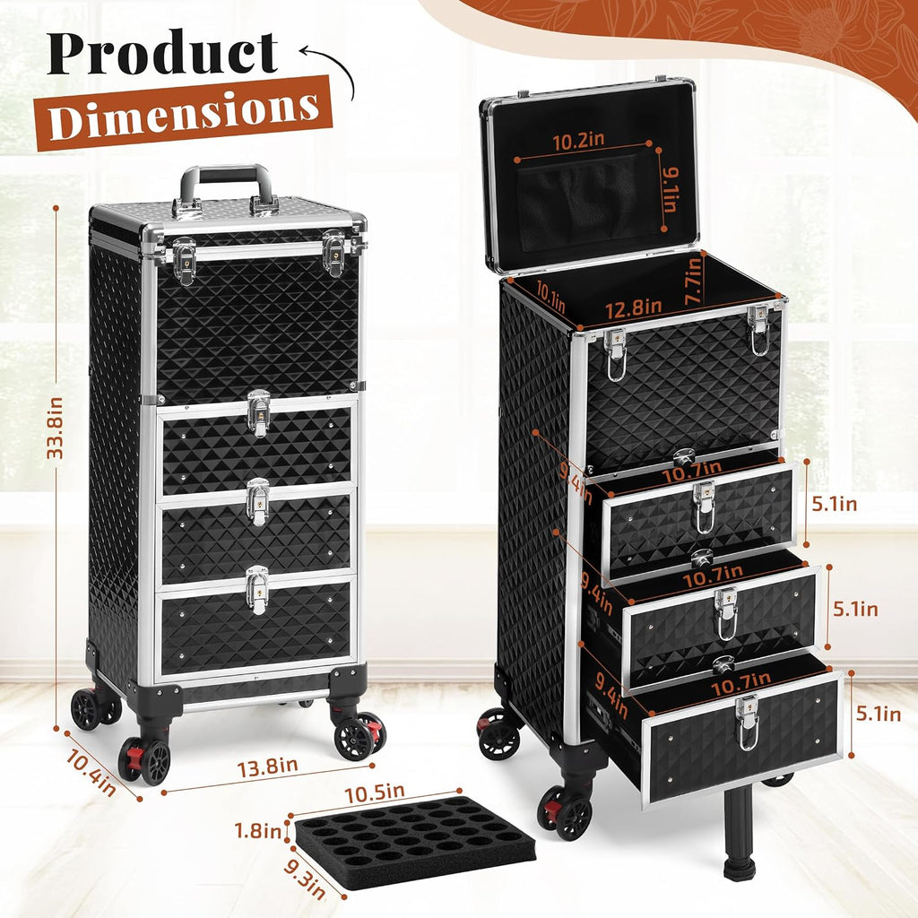 Rolling Makeup Train Case with 3 Drawers, Nail Trolley Cart Salon Station Cosmetology Case on Wheels Organizer Cases for Nail Tech,SPA,Face Painting,Hairstylist,Makeup Artist (Silver & Black)