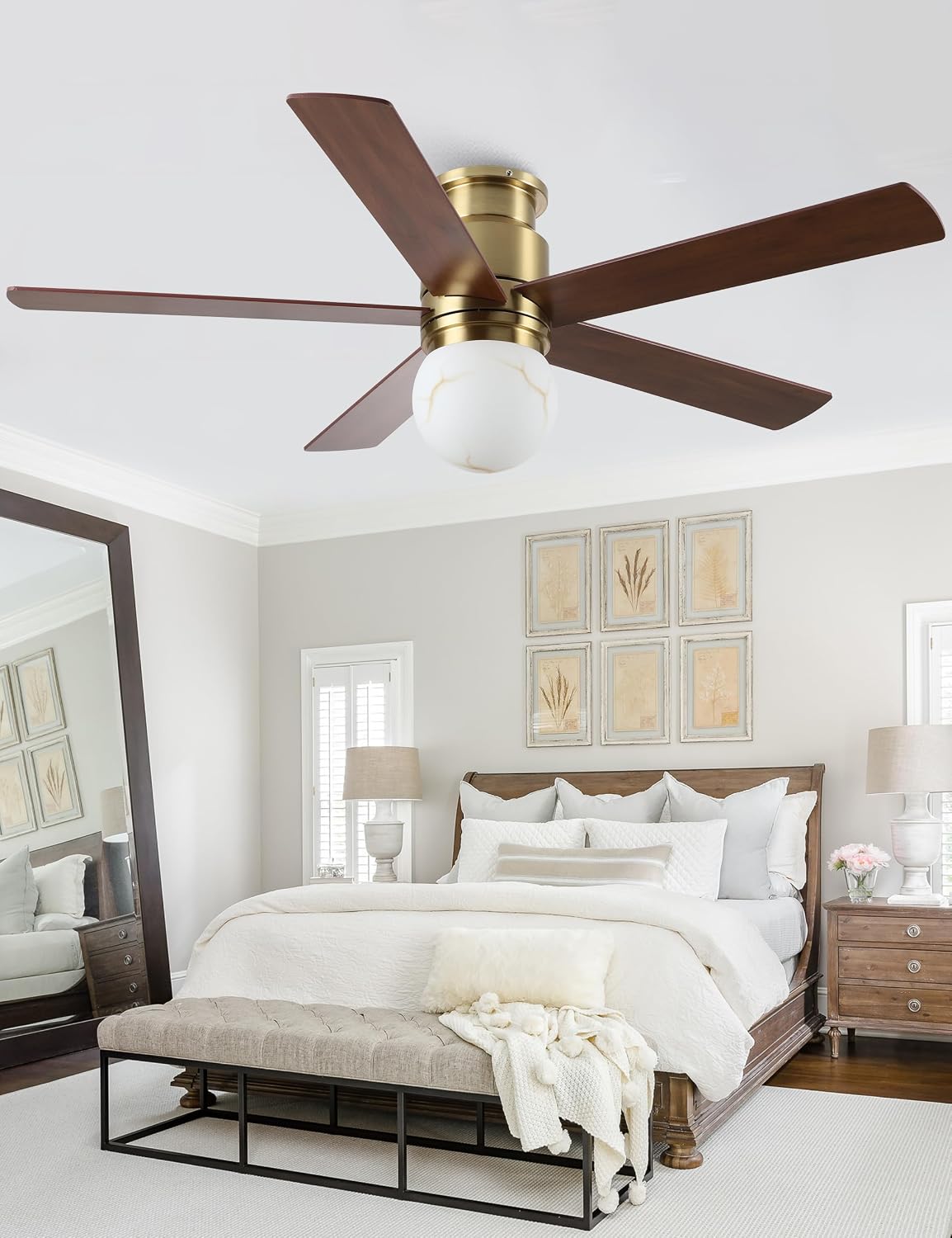 Gold Ceiling Fans with Lights and Remote, 52 Inch Low Profile Ceiling Fan with Light for Bedroom, Flush Mount Ceiling Fan for Living Room Indoor Outdoor, 6-Speed Reversible DC Motor, Dimmable LED 3CCT