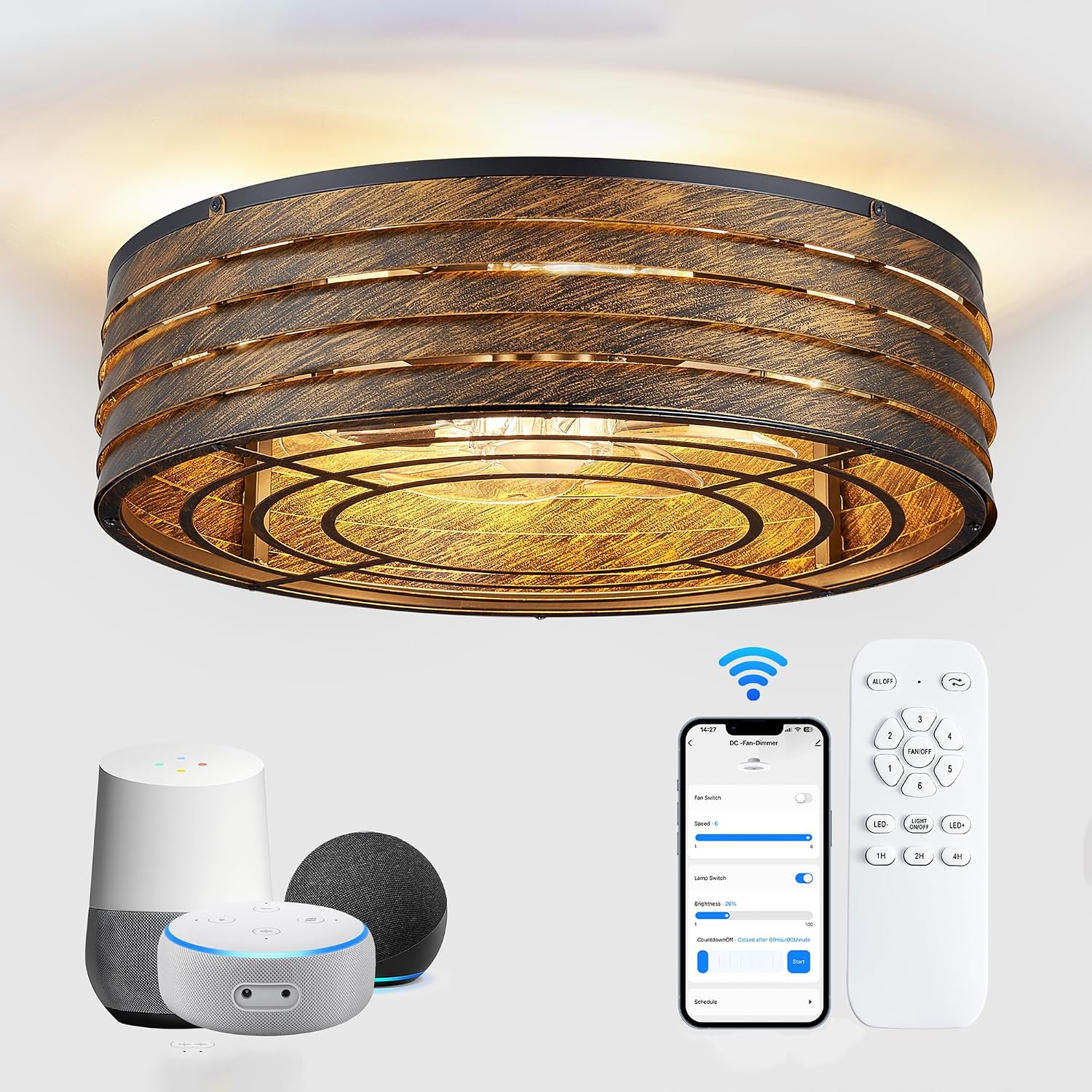 20'' Flush-Mount Smart Ceiling Fan with Dimmable-Light and Memory Remote APP/Alexa Control, Reversible-Motor, Perfect for Bedroom, Kitchen, Low-Profile Bronze Design Cage