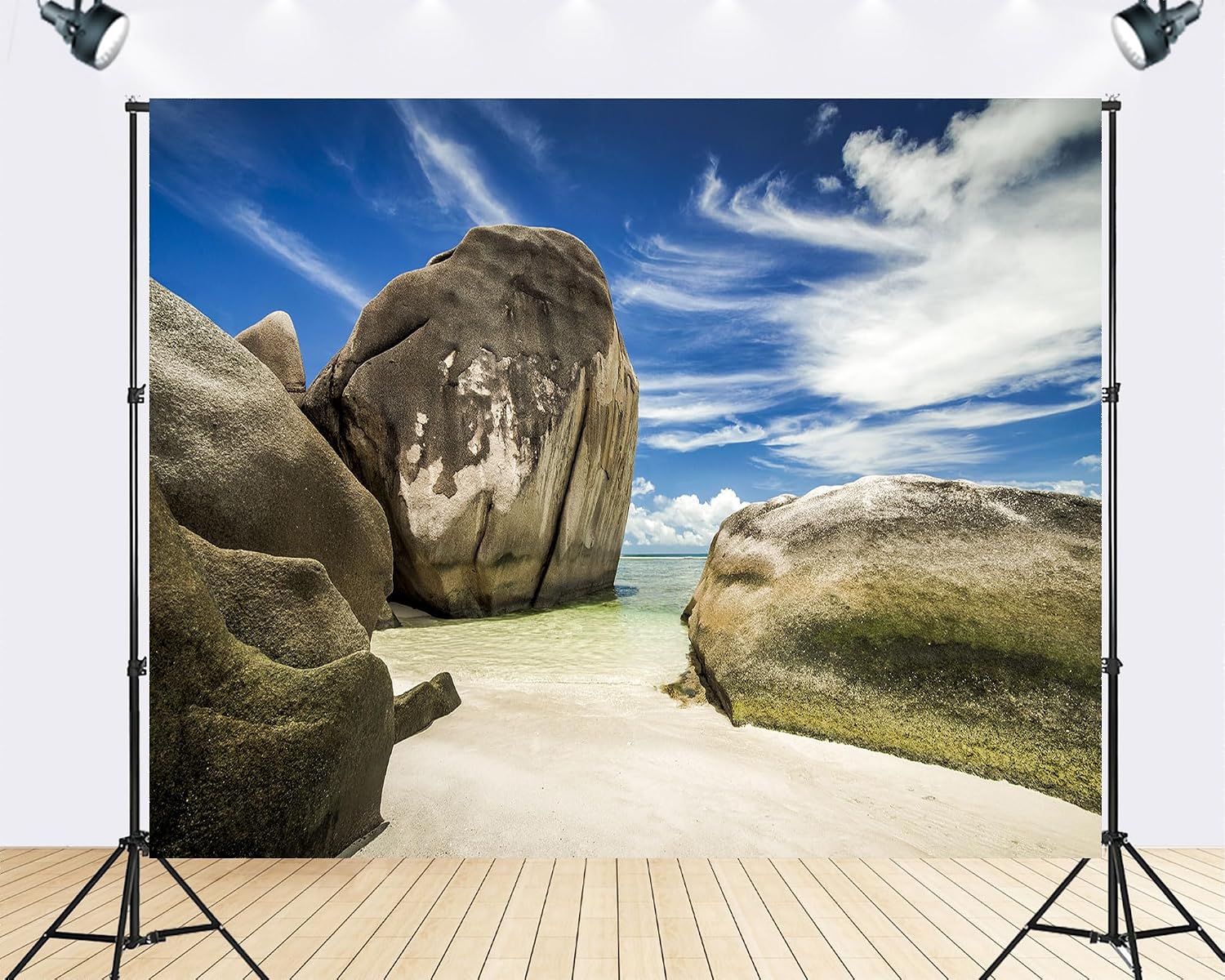 Trykid 20x10ft White Sand Giant Rock Backdrop Clear Blue Sky Tropical Shoreline Coastal Beach Nature Scenery Photography Background Summer Holiday Party Decoration Photo Booth Prop Fabric