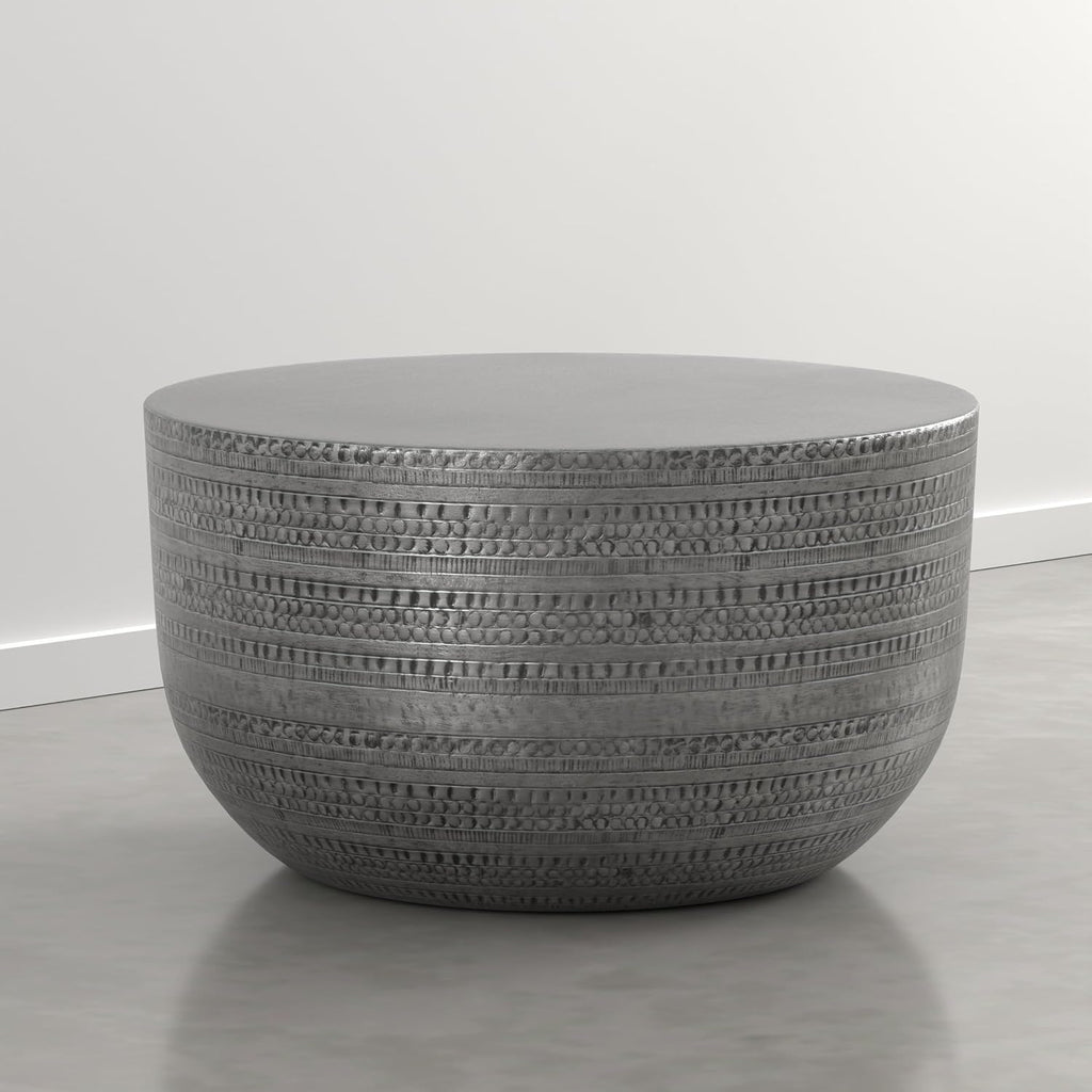 SIMPLIHOME Johnsen Metal Coffee Table - 30 inch Wide Solid Metal Round Drum Accent Table in Distressed Nickel, Boho Coffee Table for Living Room with Decorative Textured Design, Assembled