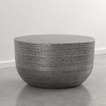 SIMPLIHOME Johnsen Metal Coffee Table - 30 inch Wide Solid Metal Round Drum Accent Table in Distressed Nickel, Boho Coffee Table for Living Room with Decorative Textured Design, Assembled